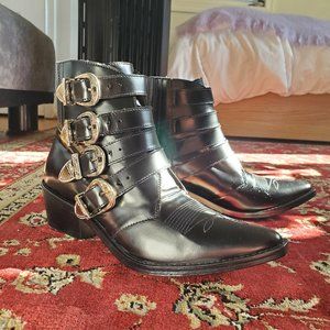 Toga Pulla Black Leather Four Buckle Western Boots IT 38.5